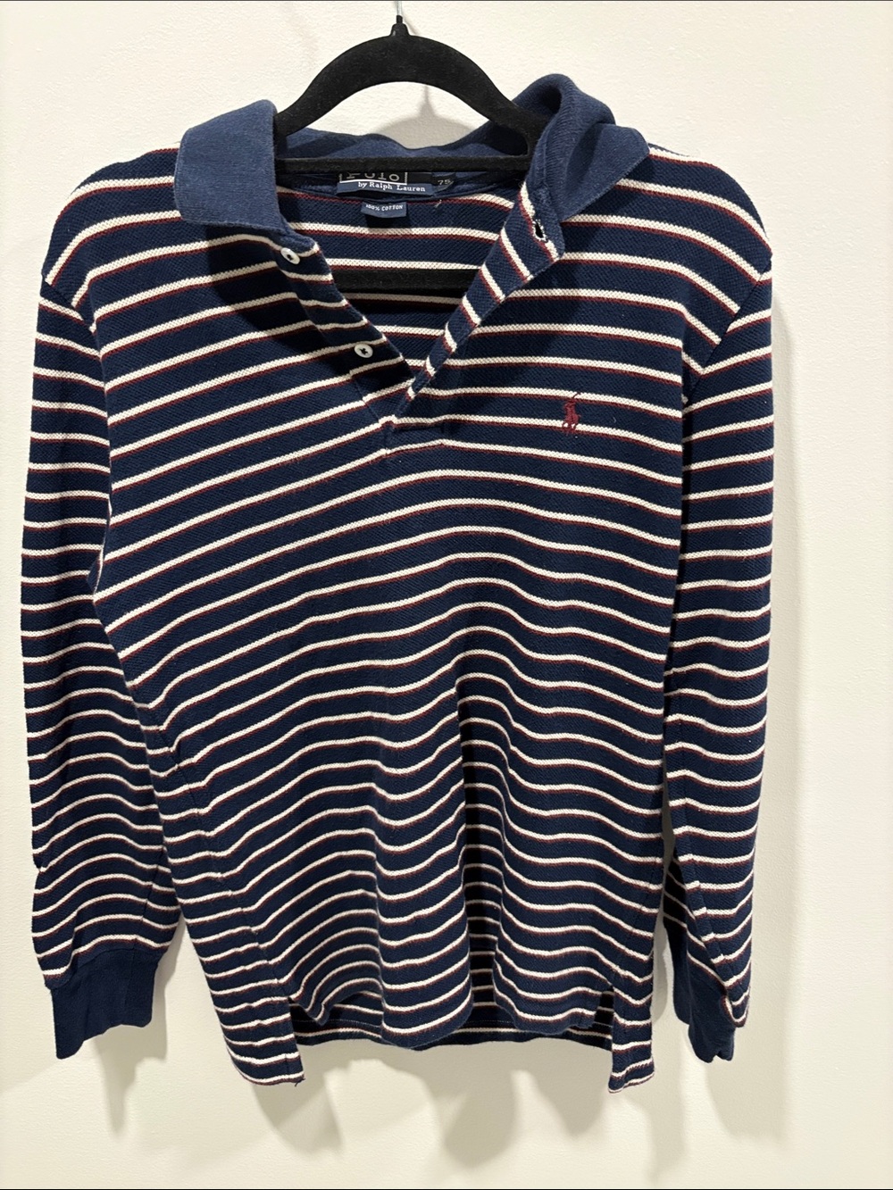 Ralph Lauren Navy Stripe Hooded Polo with White & Red Accents